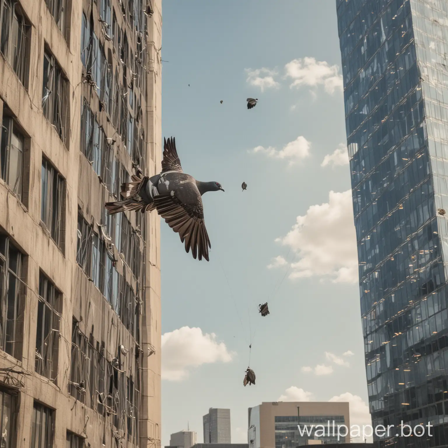 a pigeon in turtle armor parachutes onto Paccor's corporate buildings