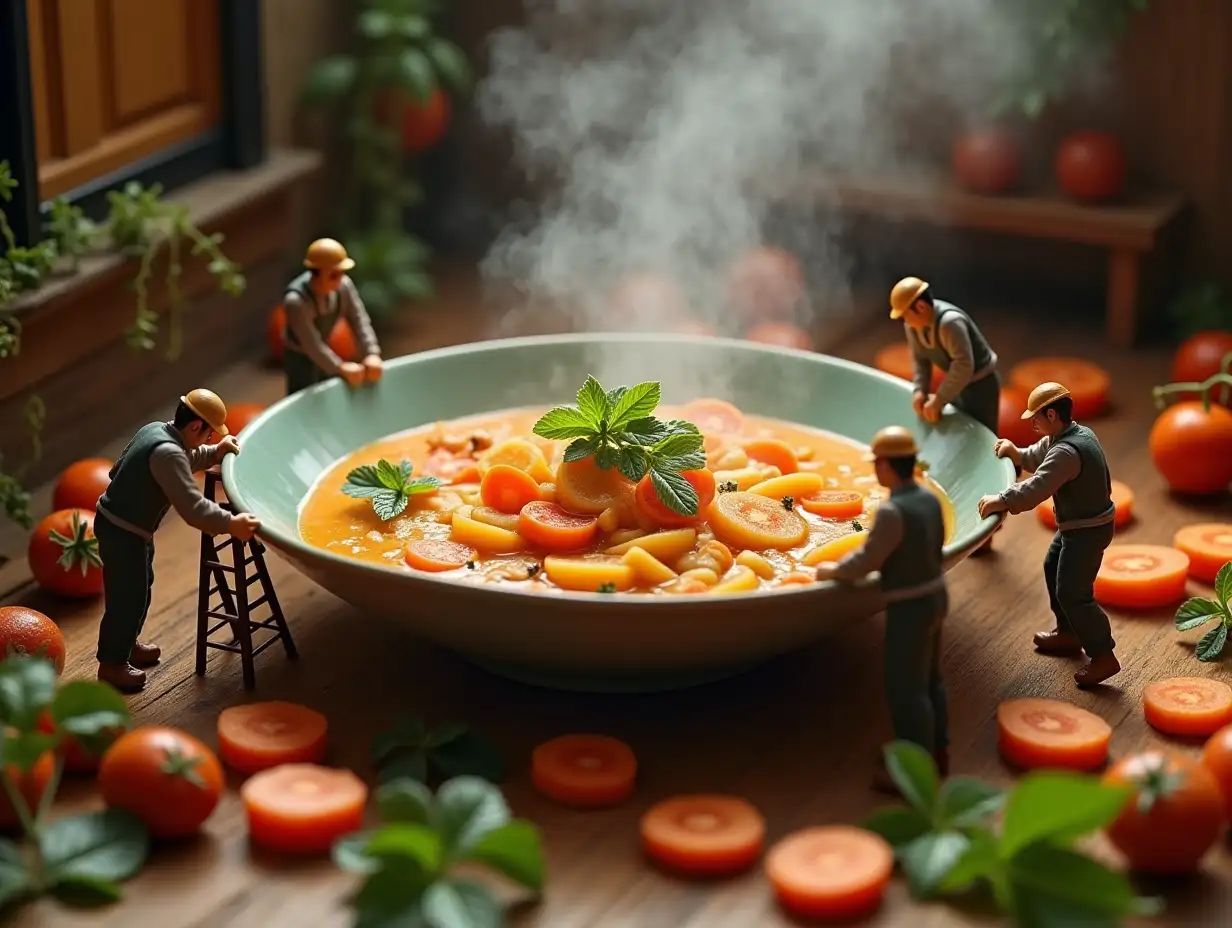 A tiny world workers are assembling a giant soup, using ladders to place mint, cranes lifting carrots slices, a wood-kitchen steaming in the background, ultra-detailed, hyper-realistic textures, cinematic lighting, cozy Italian vibes.