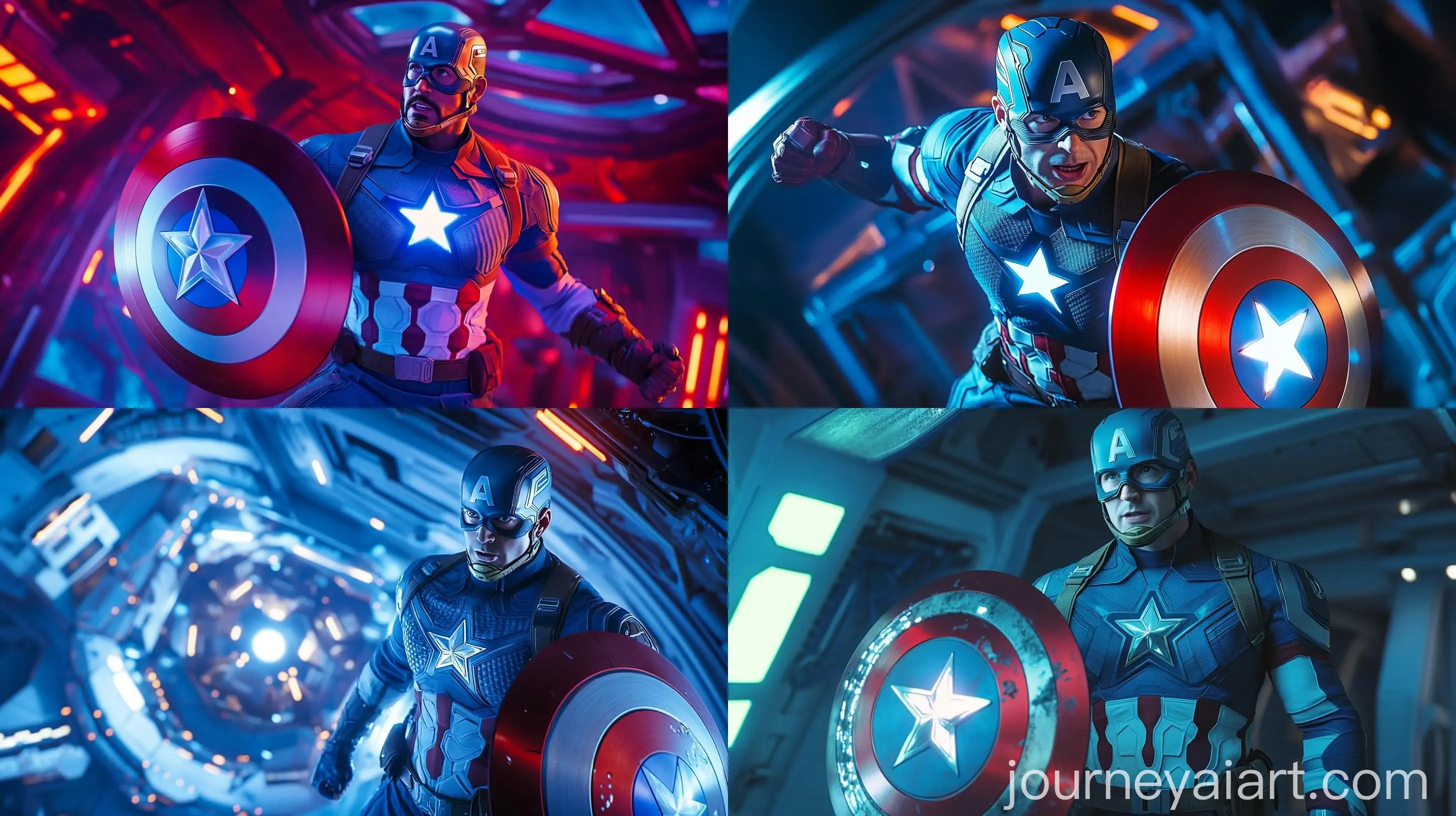 Captain-America-in-Futuristic-White-Suit-with-Glowing-Shield-on-Avengers-Spaceship