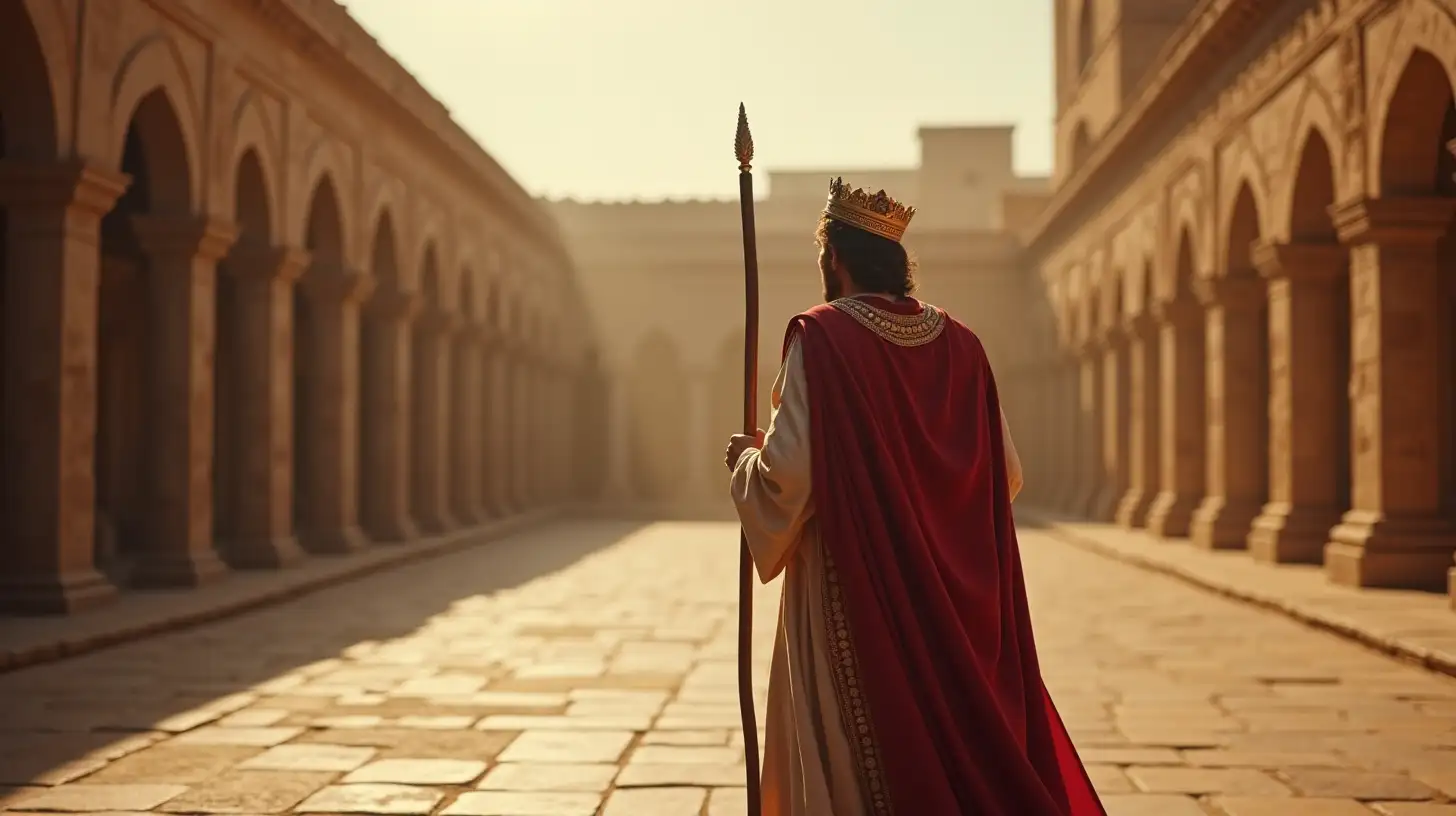 King Walking in Palace Courtyard with Scepter during Biblical Era