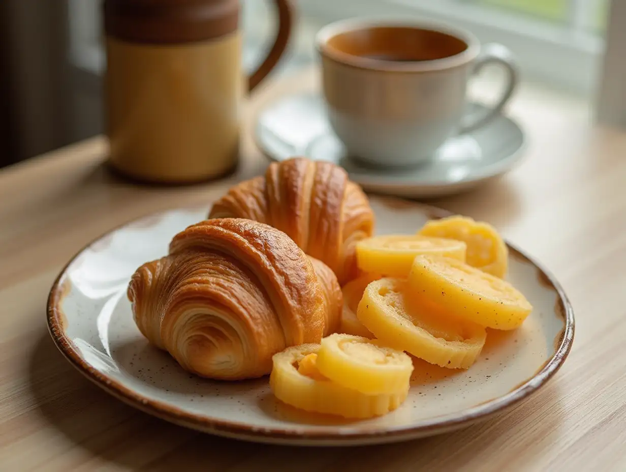 Morning table, plate with croissants and tempura