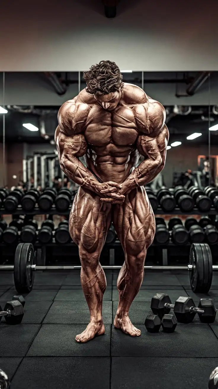 Ultra brawn. Musclegod bodybuilder. Pondering his Herculean powers and destiny. Reverent mood. Inside an empty gym at night. Photorealistic.