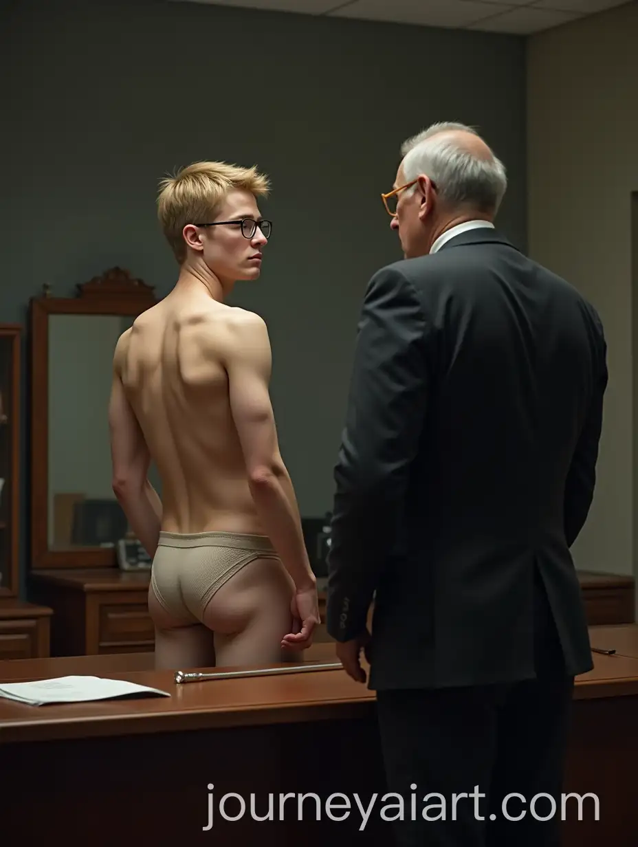 Young-Man-Removing-Underwear-in-Office-While-Older-Man-Watches-Sternly