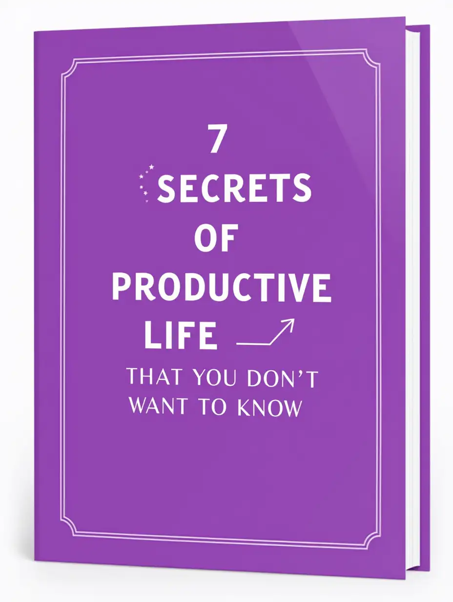 cover e-book, purple color, with title '7 secrets of productive life that you don't want to know',