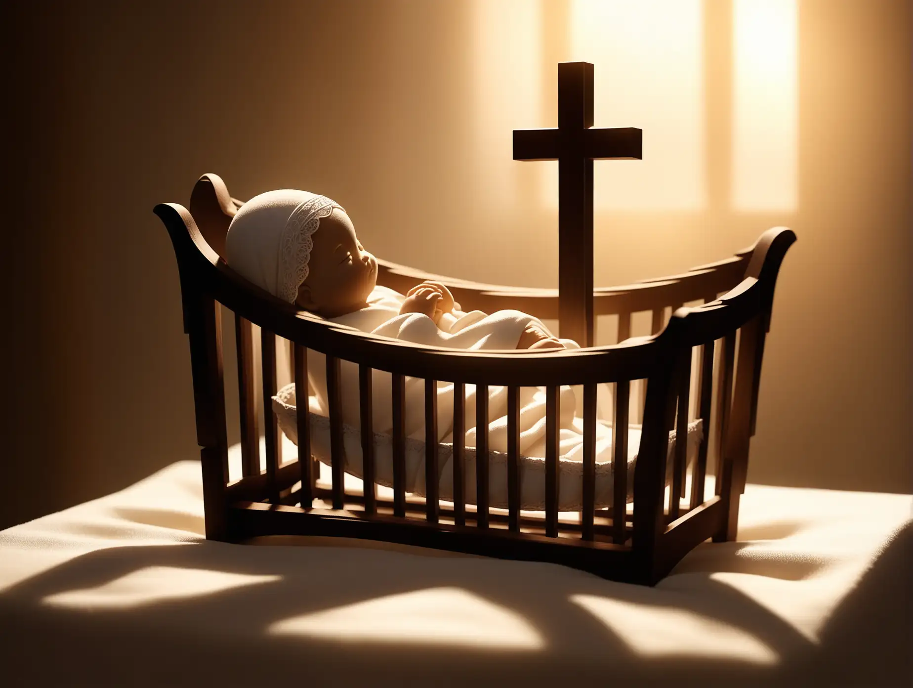 A serene scene of a wooden cradle with a small, delicate cross gently placed at the head of the cradle, symbolizing the mother’s protection and blessing. The cradle is softly illuminated by warm, golden light, creating a peaceful and reverent atmosphere. A faint silhouette of a mother’s hand or figure is seen near the cradle, showing her gentle, loving presence. The background is blurred and muted, focusing attention on the cradle and cross, evoking a sense of comfort, warmth, and devotion.