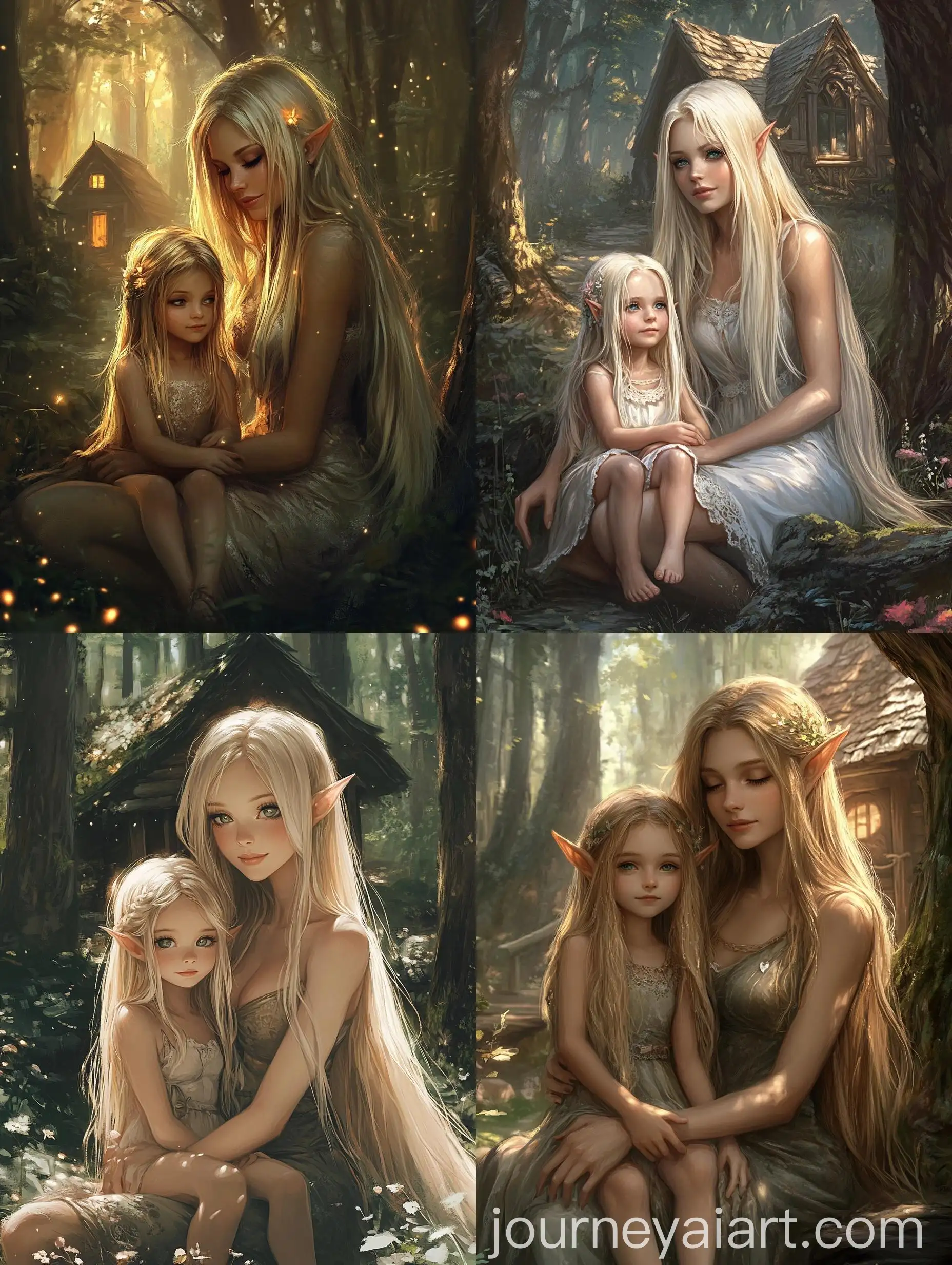 Elf-Woman-and-Daughter-Sitting-by-Cabin-in-Deep-Woods