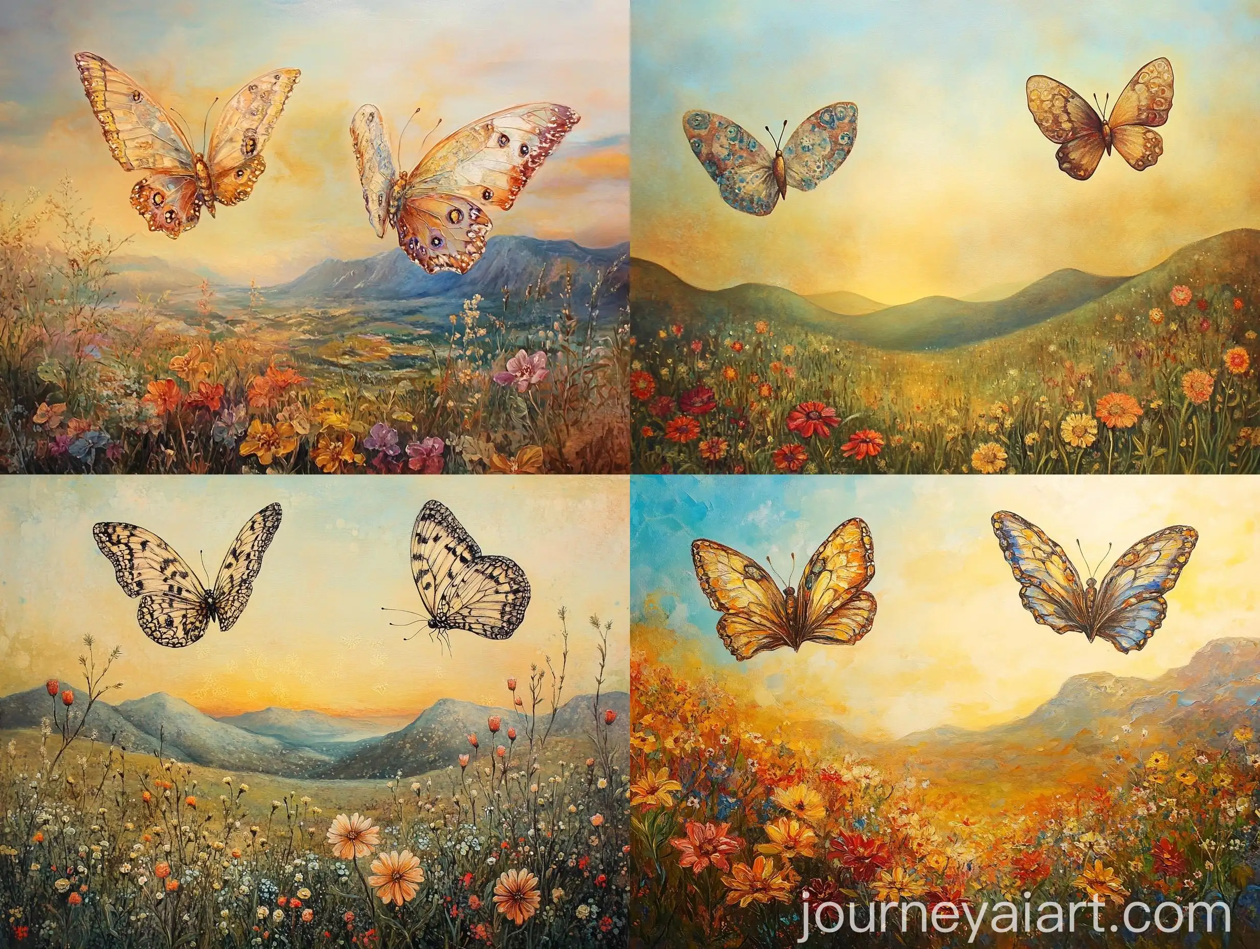 Renaissance-Style-Butterfly-Painting-with-Flower-Field-and-Mountains