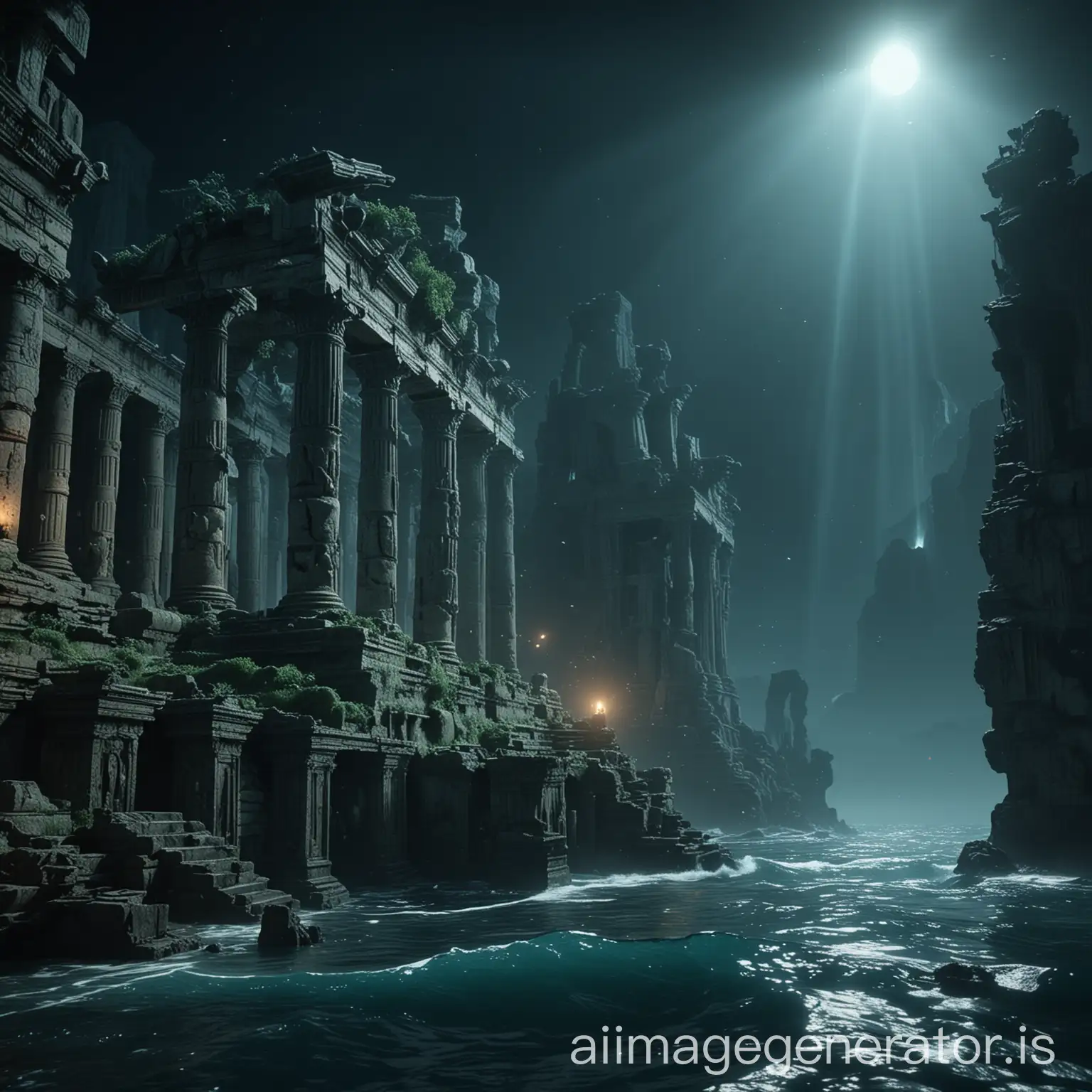 (masterpiece),(best quality),8k, high detailed, ultra-detailed,A dark deep sea with ancient ruins faintly visible and emitting a bluish glow,(dark deep sea), (ancient ruins), (bluish glow), (faint visibility), (tempting light)