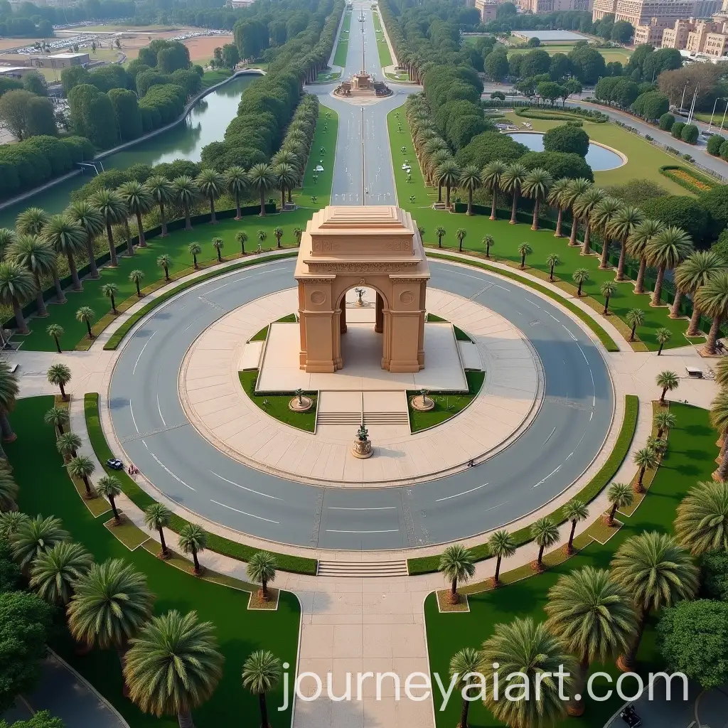 Aerial-View-of-Classic-Arch-Monument-Surrounded-by-Palm-Trees-and-Green-Lawns