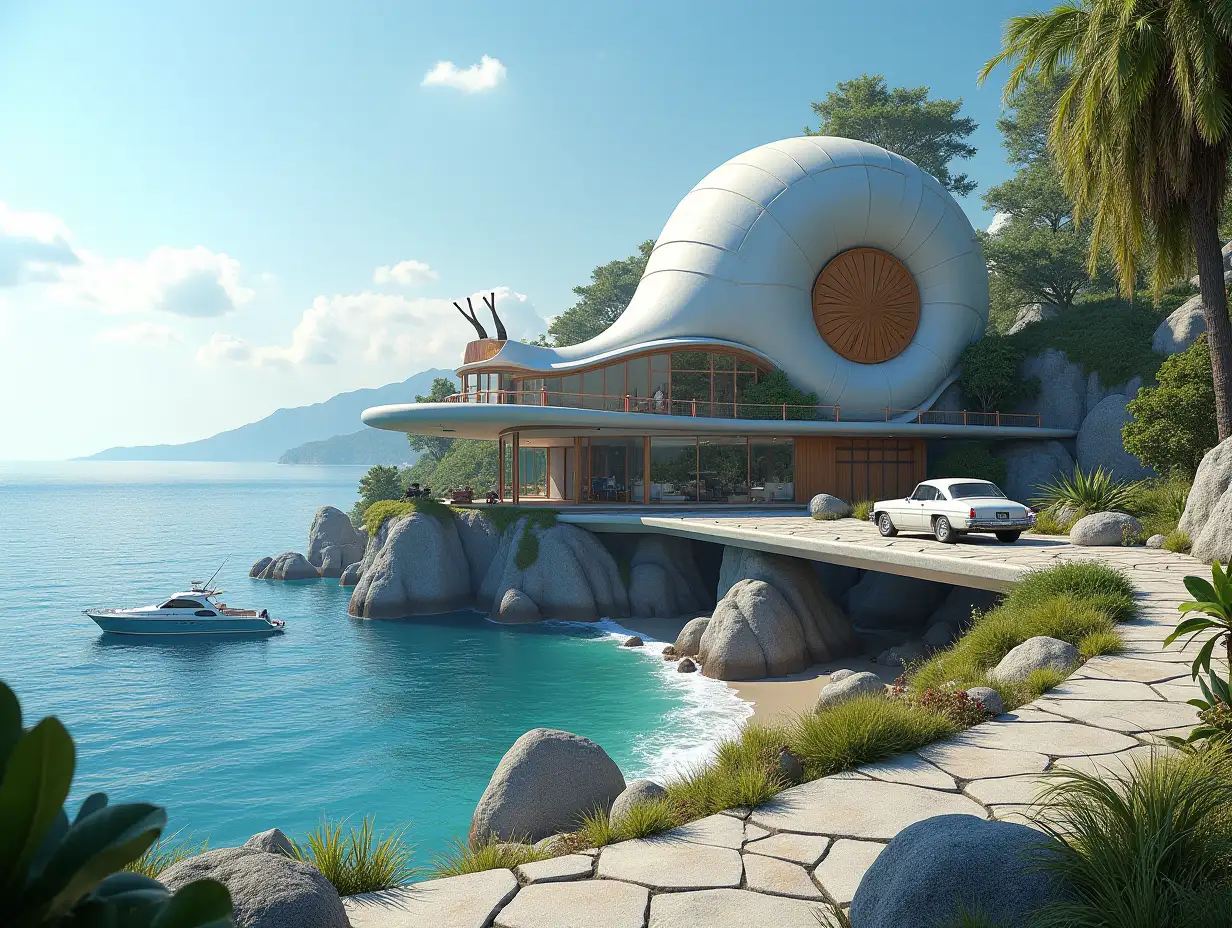 Create a high-resolution, realistic panorama image of a futuristic terrace building with window snail house with parking lot and a 1959 Cadillac Eldorado bridge a yacht and a small boat beach with people many plants and gray and brown facades with sea with waves, large trees, blue sky