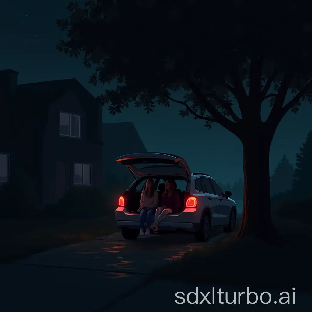 it was very dark night and two girls were sitting in the back of a car that was parked in front of their house under a tree.