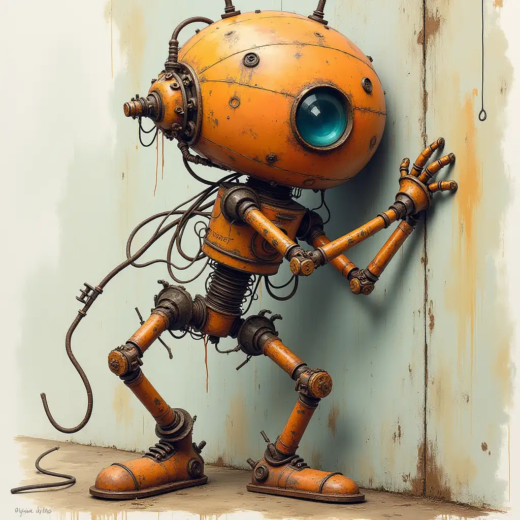 Rusty-AcidDamaged-Robot-Climbing-Wall-in-Surreal-Factory-Setting