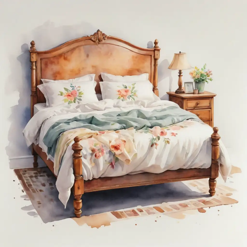 Watercolor Illustration of Bed on White Background