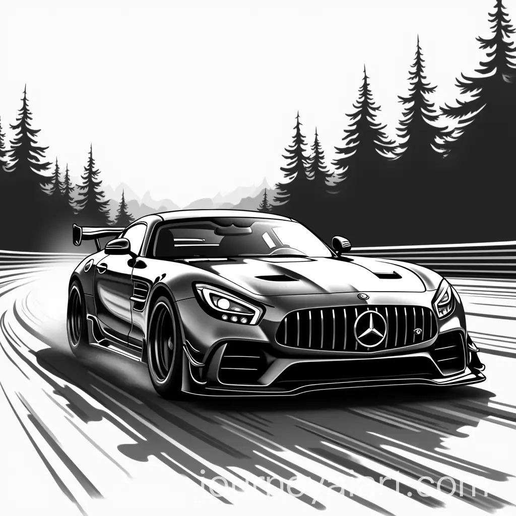 Stylized-Black-and-White-Sports-Car-Racing-on-Track-with-Trees-Background