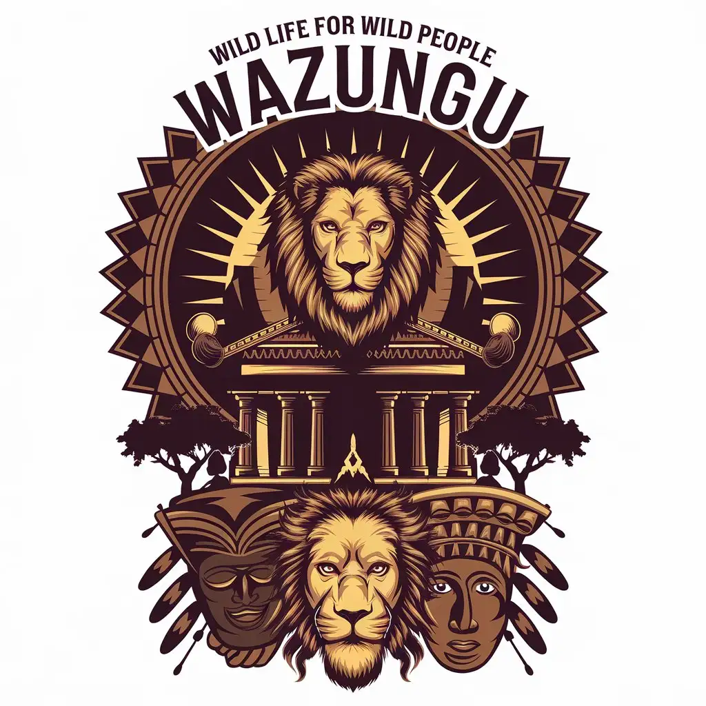 LOGO Design for WAZUNGU Wild Life for Wild People with Temple Lion and African Mask Theme