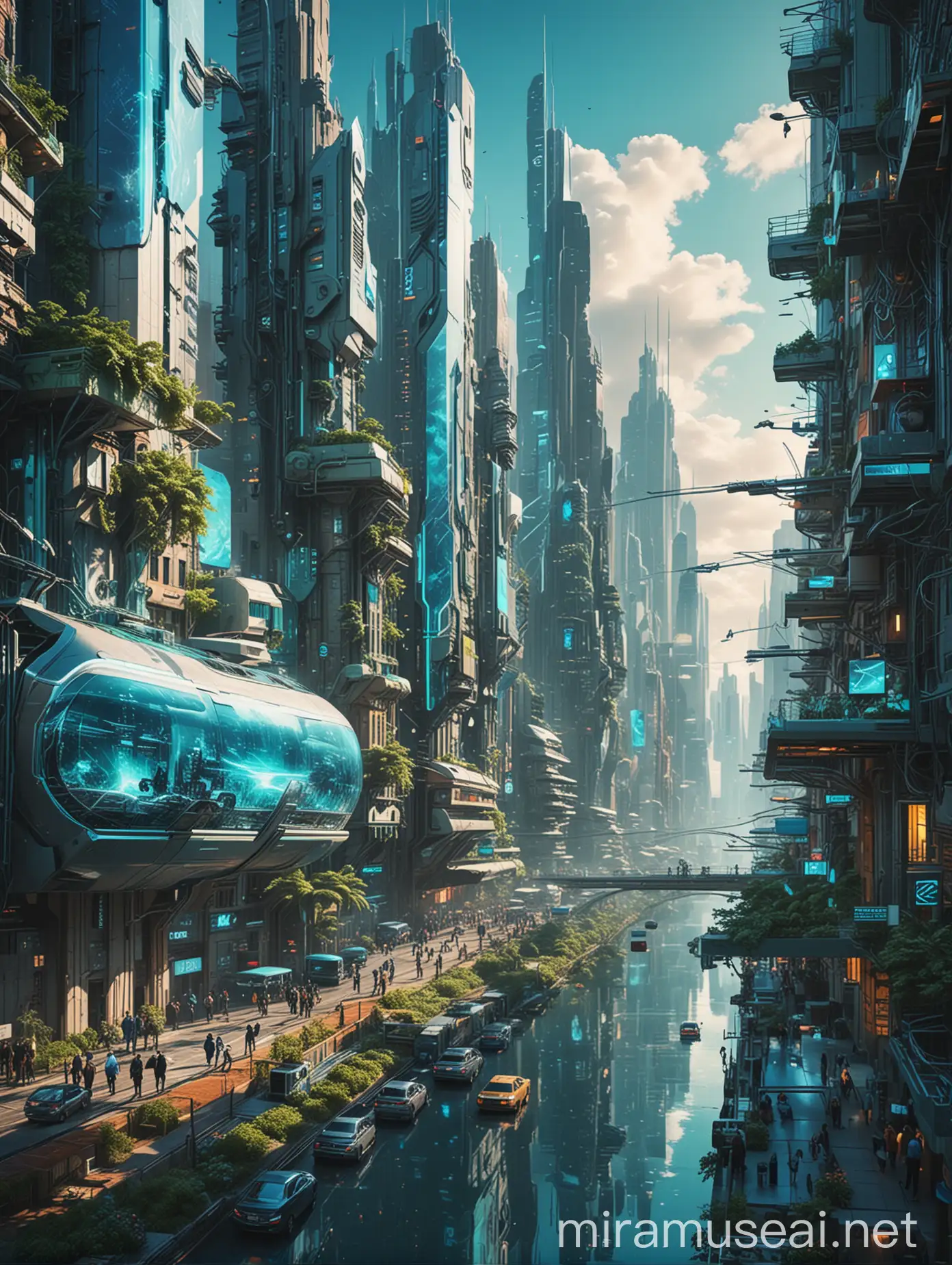 Futuristic Cityscape with Diverse People and Innovative Technology