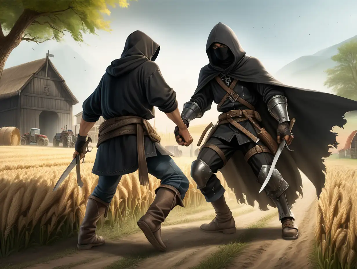 A bandit peasant slits the farmer's neck from behind, in a black hood, thief armor, fantasy, full body, art, CG