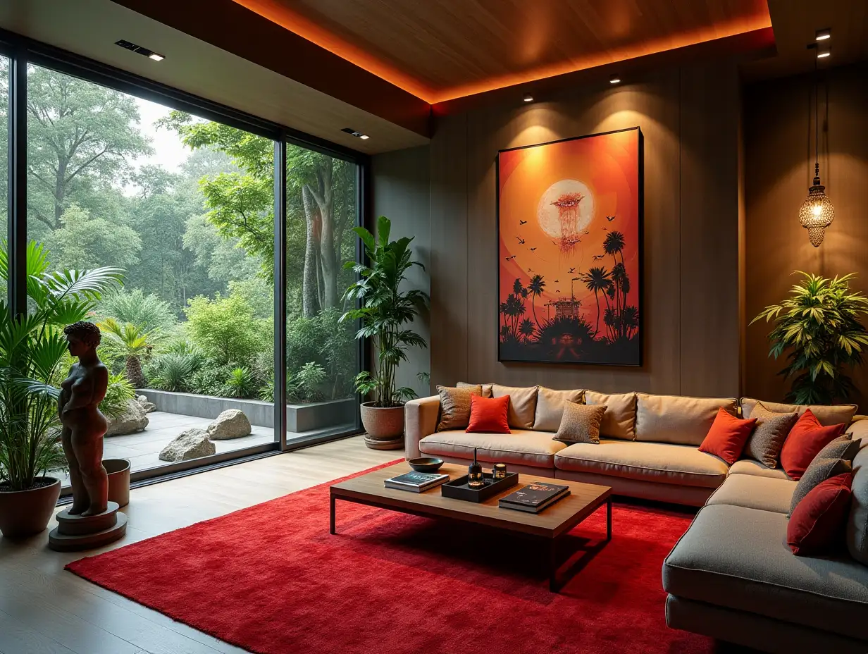 Large modern living room with red, carpet statue, lighting with furniture many hanging plants with Attack on Titan image on the wall Zen-Garden with carefully tended rocks, a meditative 180 Degree shot 8K resolution Colorful