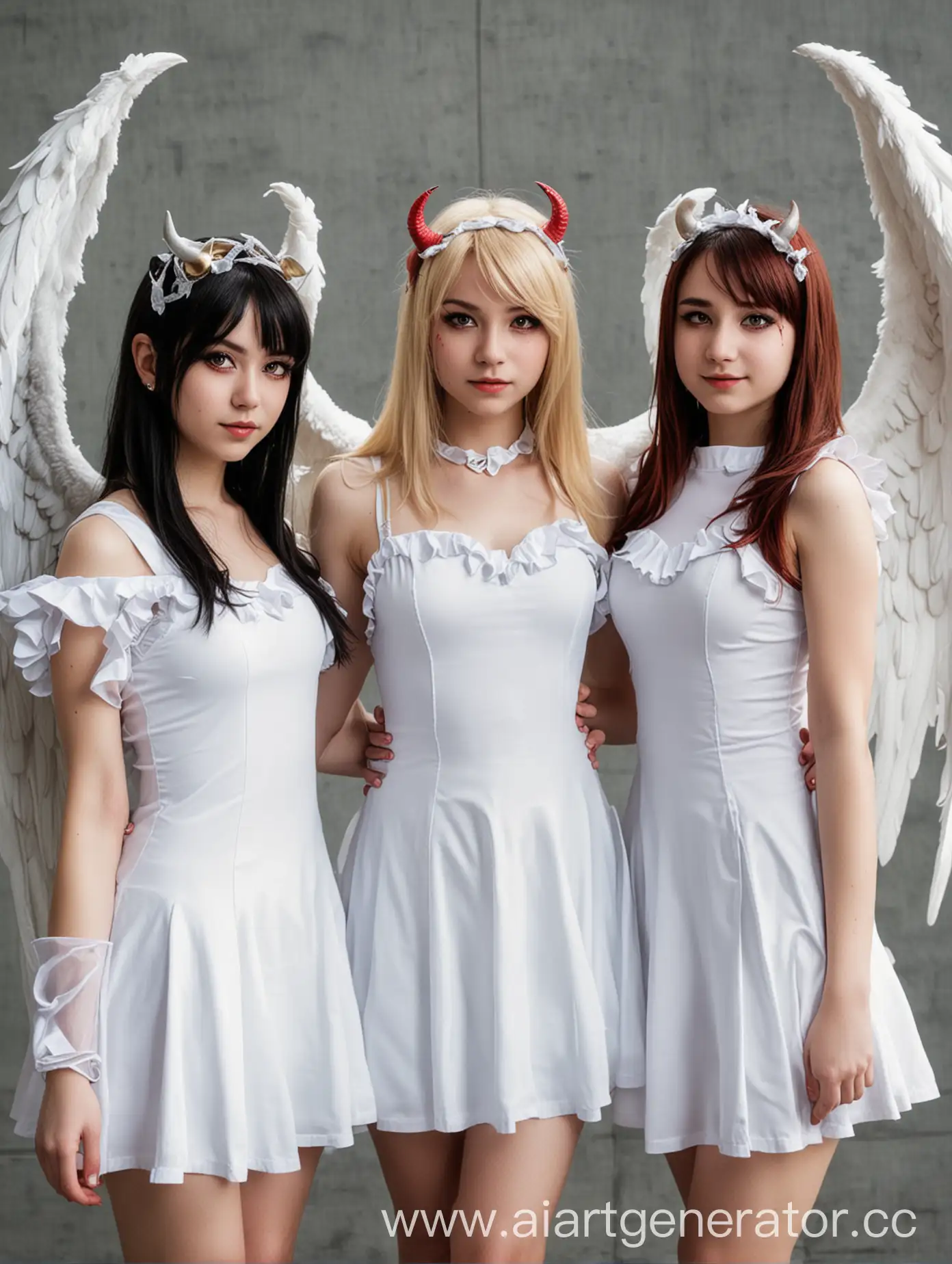 one girl cosplaying angel and two girls cosplaying demons