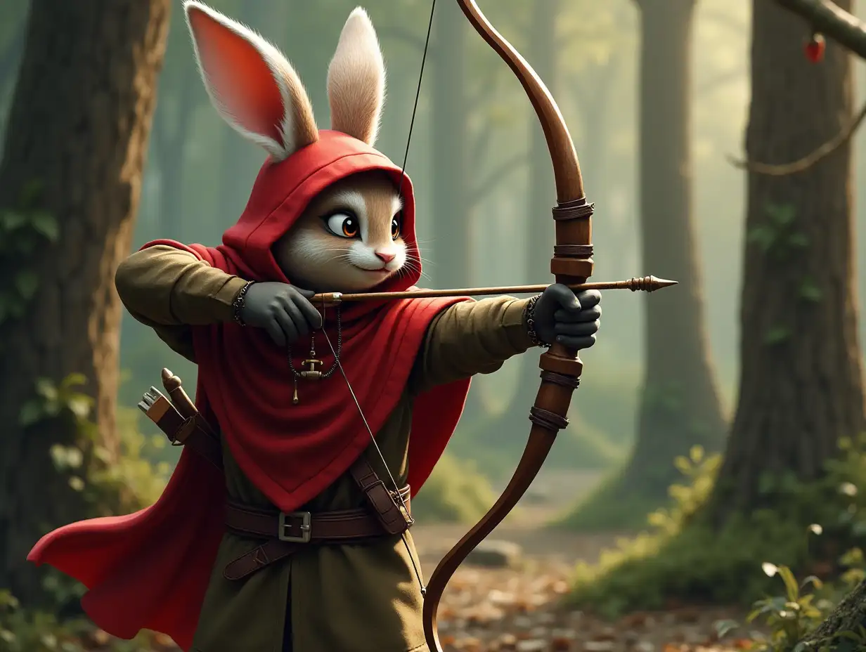 rabbit in red hooded cloak holding a bow aiming it to the right with a smirky smile in a forest tall trees