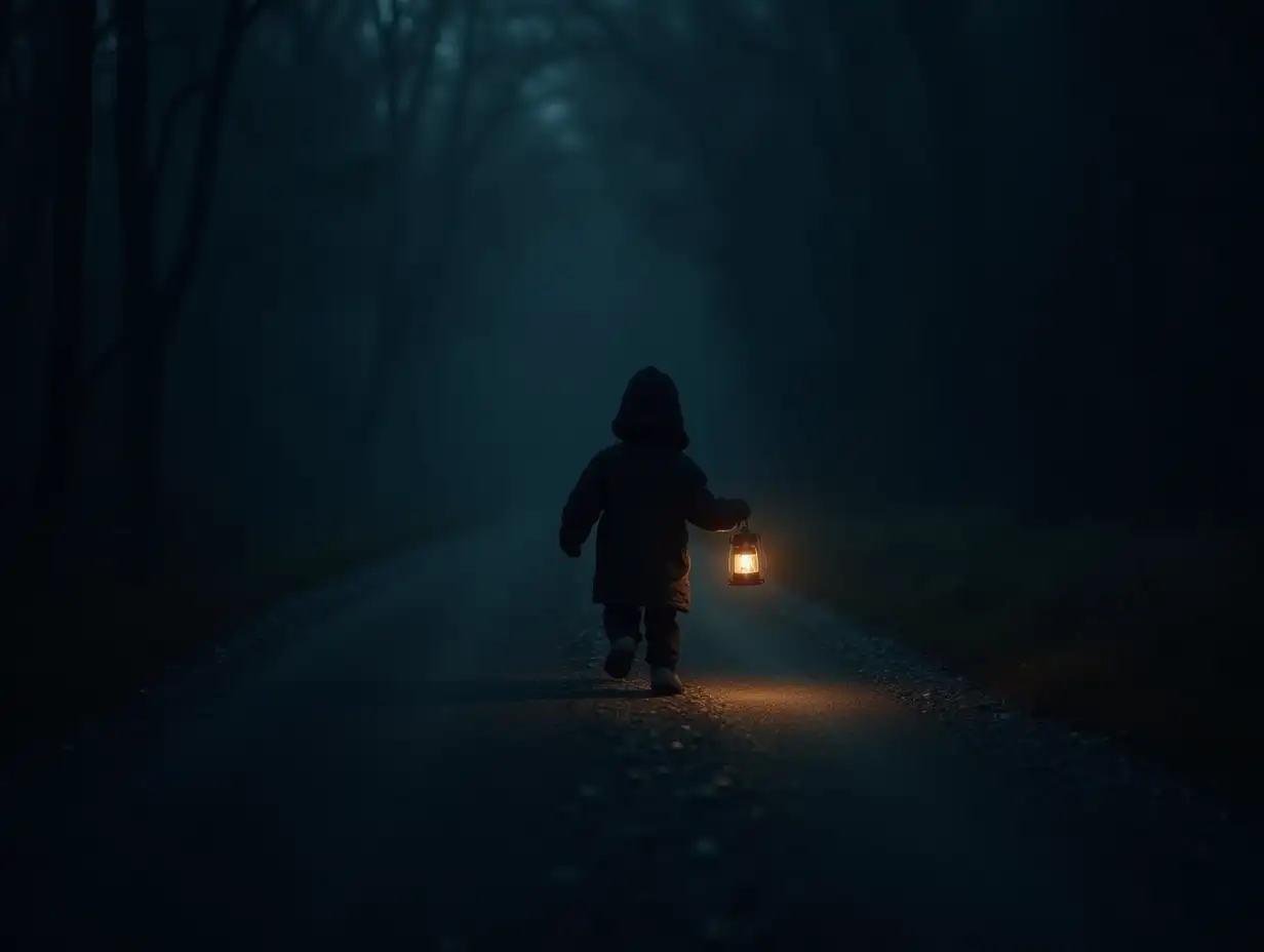 A little black figure is moving along the road in the darkness of night with a lantern