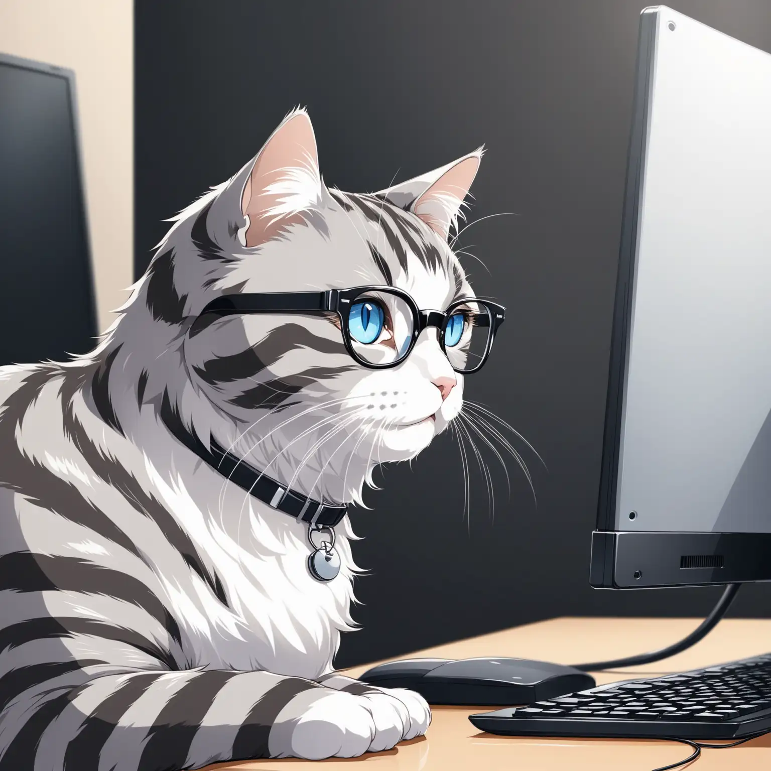 Silver-Striped-Cat-with-Blue-Eyes-and-Glasses-Using-Computer