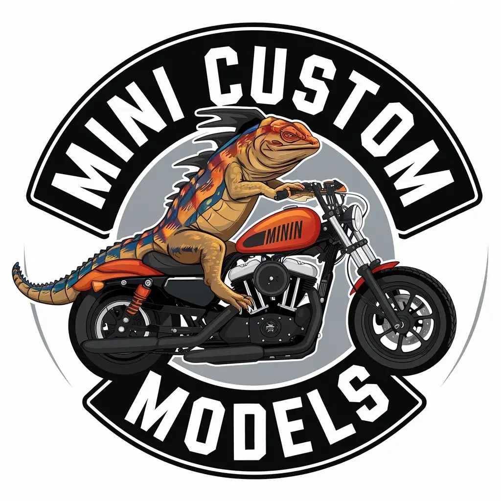 a vector logo design,with the text "mini custom models", main symbol:lizard basilisk on motorcycle,Moderate,be used in Automotive industry,clear background