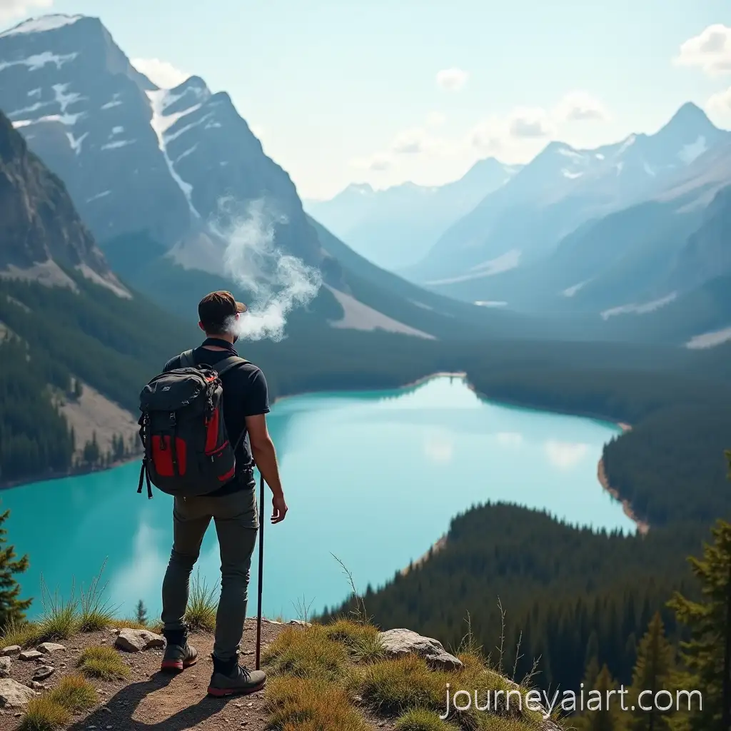 Hiker-in-the-Mountains-Enjoying-Scenic-Lake-View-WhileHiker-in-mountains-with-lake-Smoking-a-Joint