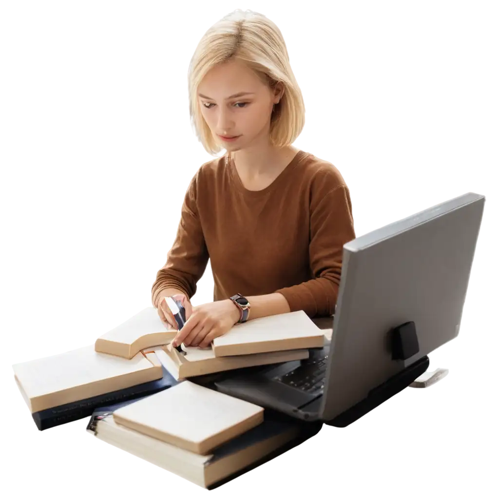 Blonde-Student-Studying-with-Books-and-Computer-HighQuality-PNG-Image-for-Educational-and-Professional-Use