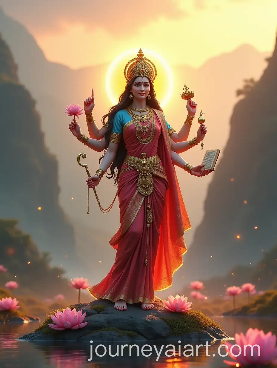 DeAI-Art-Prompt-Expansionvi-Durga-in-Misty-Mountain-Valley-at-Sunrise-with-Divine-Power-and-Grace