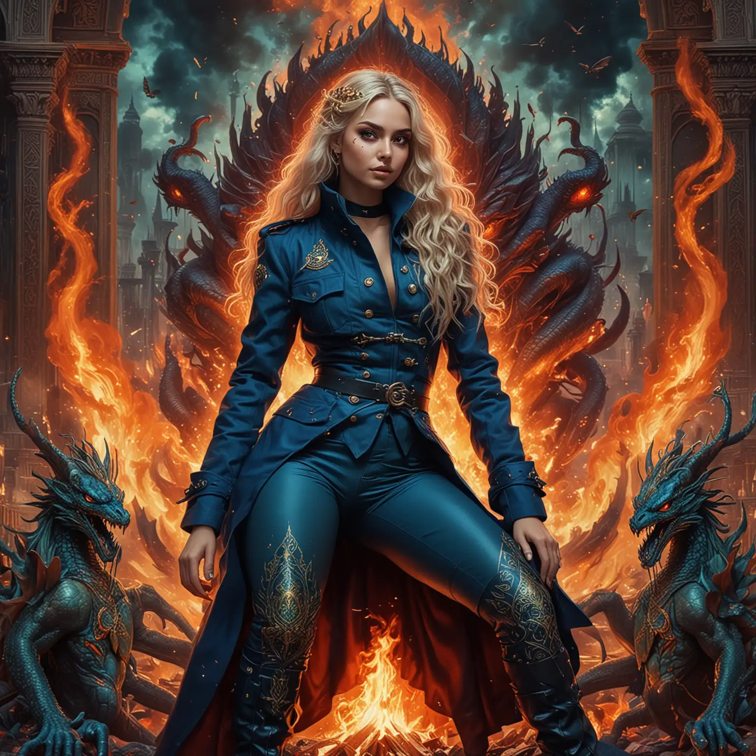 Adolescent Goddess Sorceress in Fiery Battle with Dragons and Spaceships