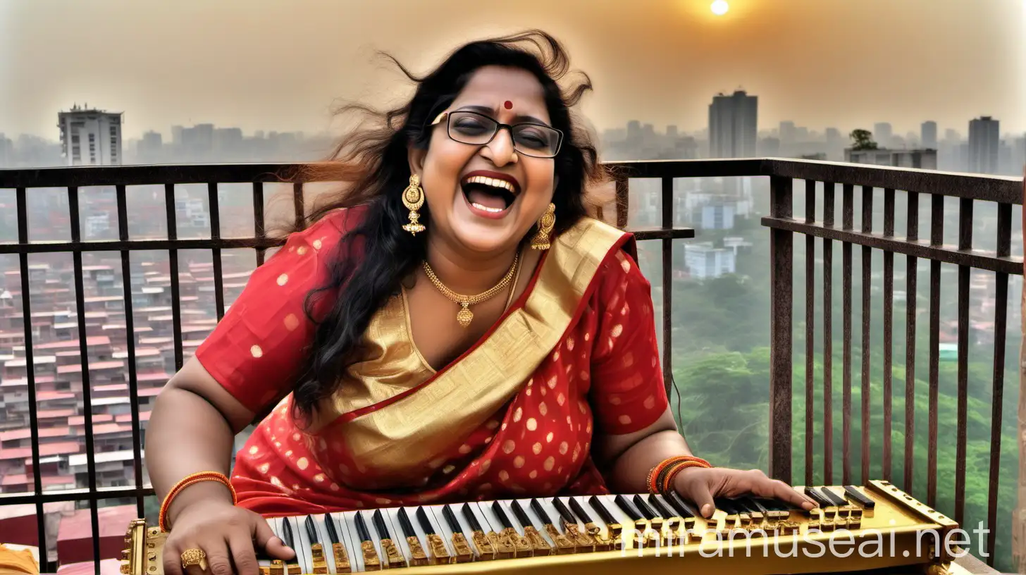 Indian Woman Playing Harmonium on Terrace at Sunset