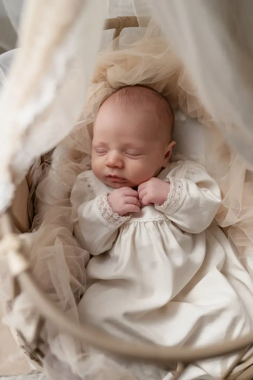 A baby girl, 2 months old, gently sleeping in a bassinet. She is wearing a flowing, ivory-colored organic cotton gown. The gown has delicate lace trim around the neckline and cuffs. Her hands are tucked under her chin, and she has a peaceful expression. The bassinet is adorned with soft, sheer white fabric.  The lighting is soft and dreamy, with a slightly ethereal quality.  Focus on the delicate fabric and the baby's serene face. Realistic, soft focus, baby portrait photography.