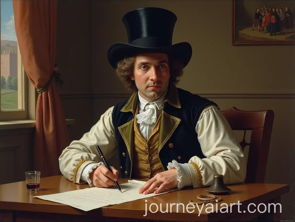 Man-Writing-a-Letter-in-18th-Century-Fashion-with-Tailcoat-and-Top-Hat