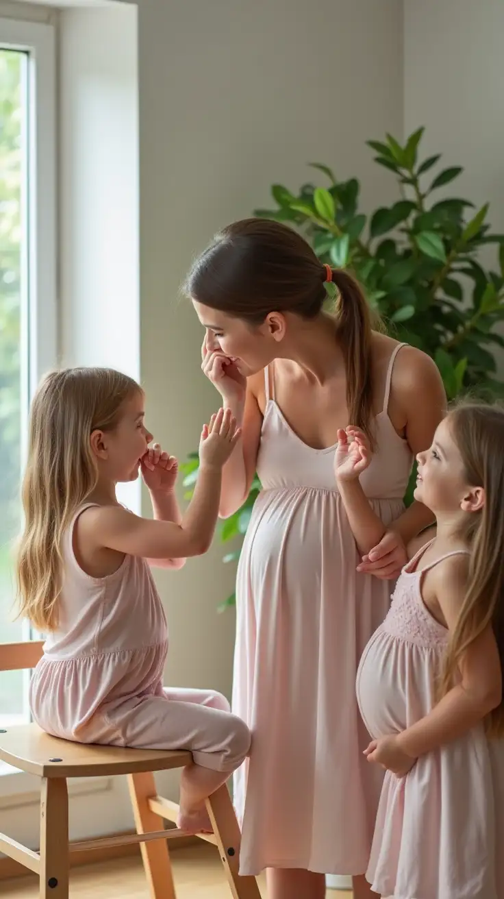petite young mother kisses toddler on the forehead as she leaves for work while 2 little girls wave goodbye. one girl is feeding the toddler who is sitting in a highchair. the 2nd girl is eating breakfast. each girl is wearing a thin sundress over a pregnant belly.