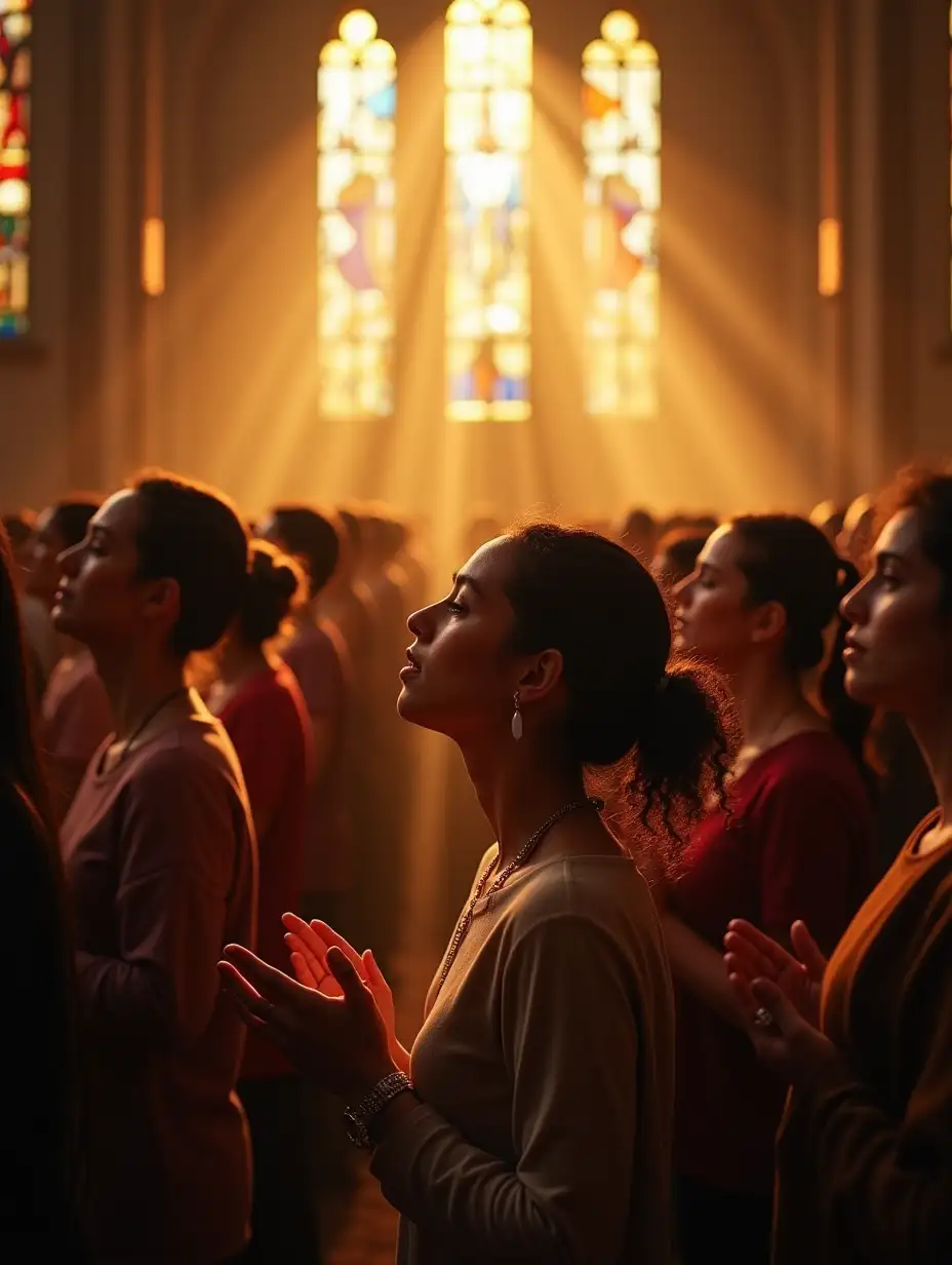 A congregation of diverse people kneeling at the altar of a grand church, hands raised in prayer, tears streaming down their faces, with beams of golden sunlight pouring through stained glass windows.