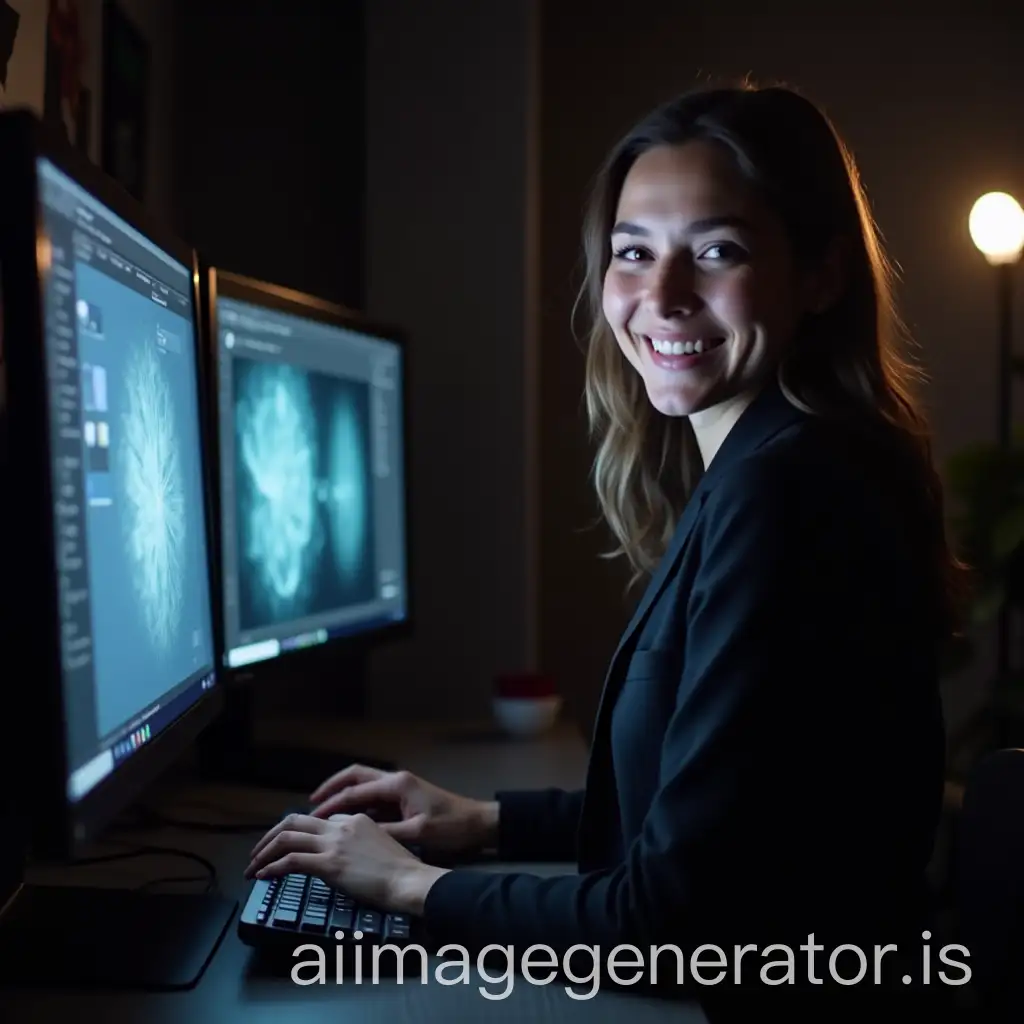 woman dressed in black smiling sitting in front of a computer where the screen protrudes an intensity of brightness that goes beyond the screen