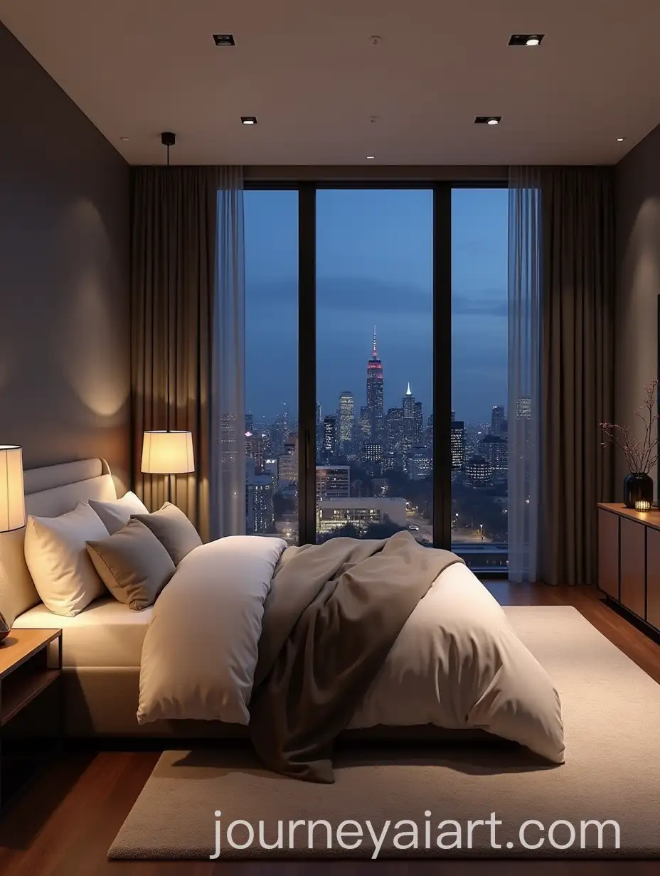 Luxurious-Scandinavian-Style-Modern-Bedroom-with-Night-Cityscape-View