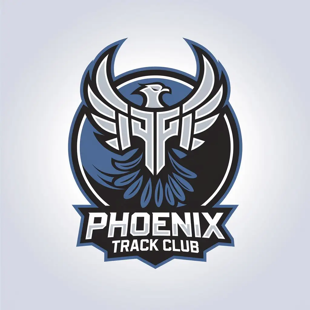 LOGO Design for Phoenix Track Club Calligram Inspired with Blue and Black Abstract Elements