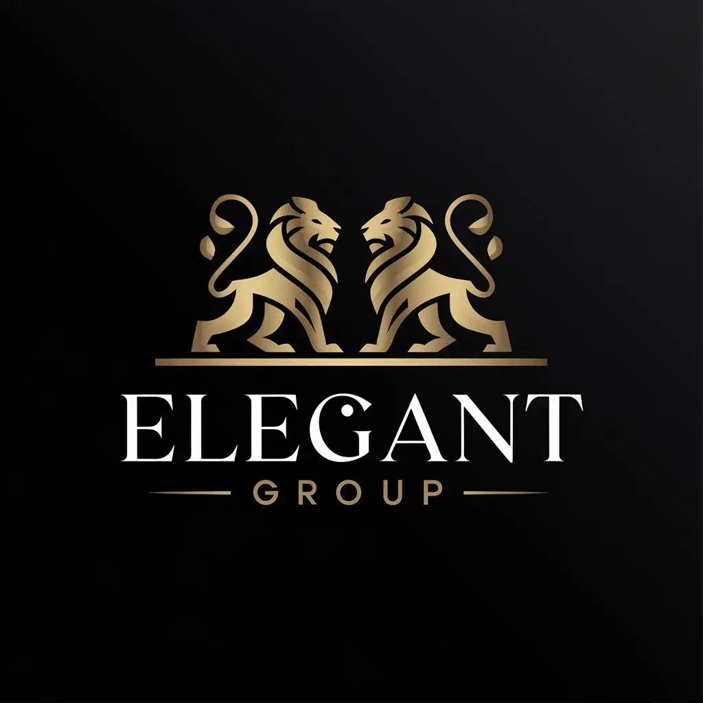 LOGO Design for Elegant Group Gold Two Lions on Gradient Black Background