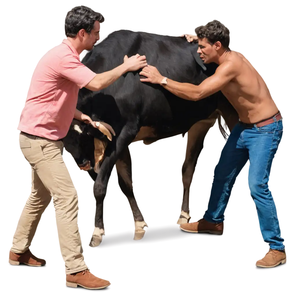 CREATE A  MAN BEATING A COW AND ANOTHER MAN PREVENTING BEATING THE COW.