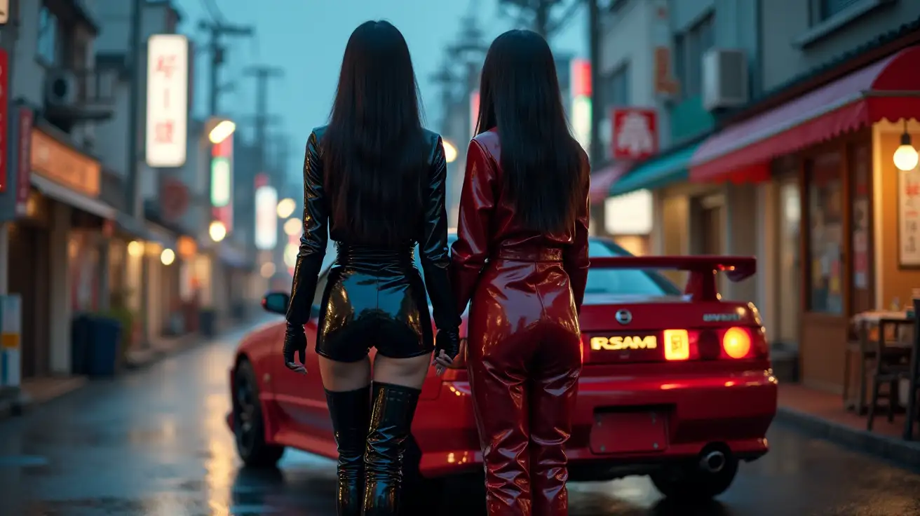 Asian-Women-in-Shiny-PVC-Jumpsuits-and-Boots-on-Japanese-Street-at-Dusk-with-Nissan-R32