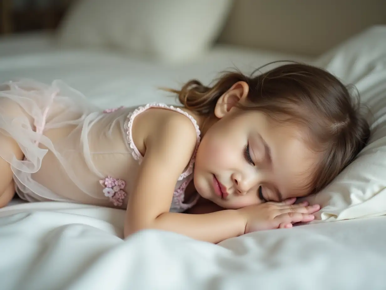 Little-Girl-in-Shiny-Nightgown-Resting-on-Bed-with-Eyes-Closed