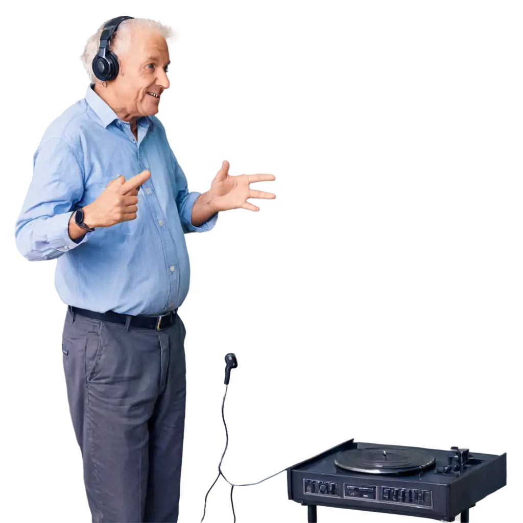 Elderly-Man-Listening-to-Music-with-Headphones-from-a-Record-Player-in-PNG-Format