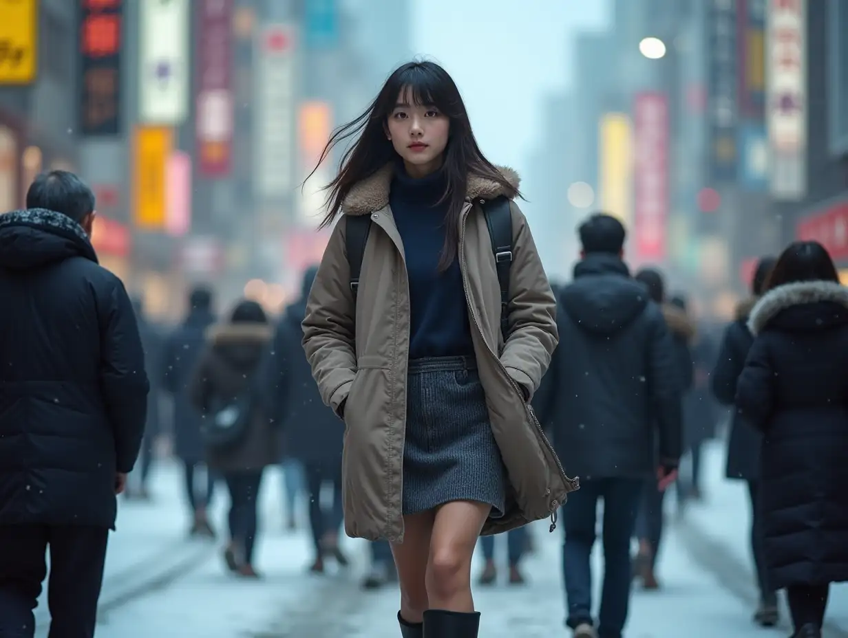 Young-Japanese-Woman-in-Winter-Fashion-Walking-Through-Snowy-Tokyo-Streets