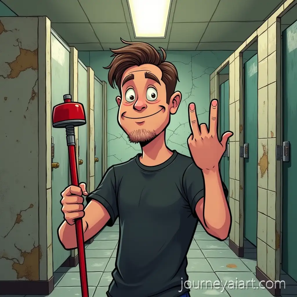 Humorous-Cartoon-of-Man-Taking-Selfie-with-Plunger-in-Abandoned-Restroom