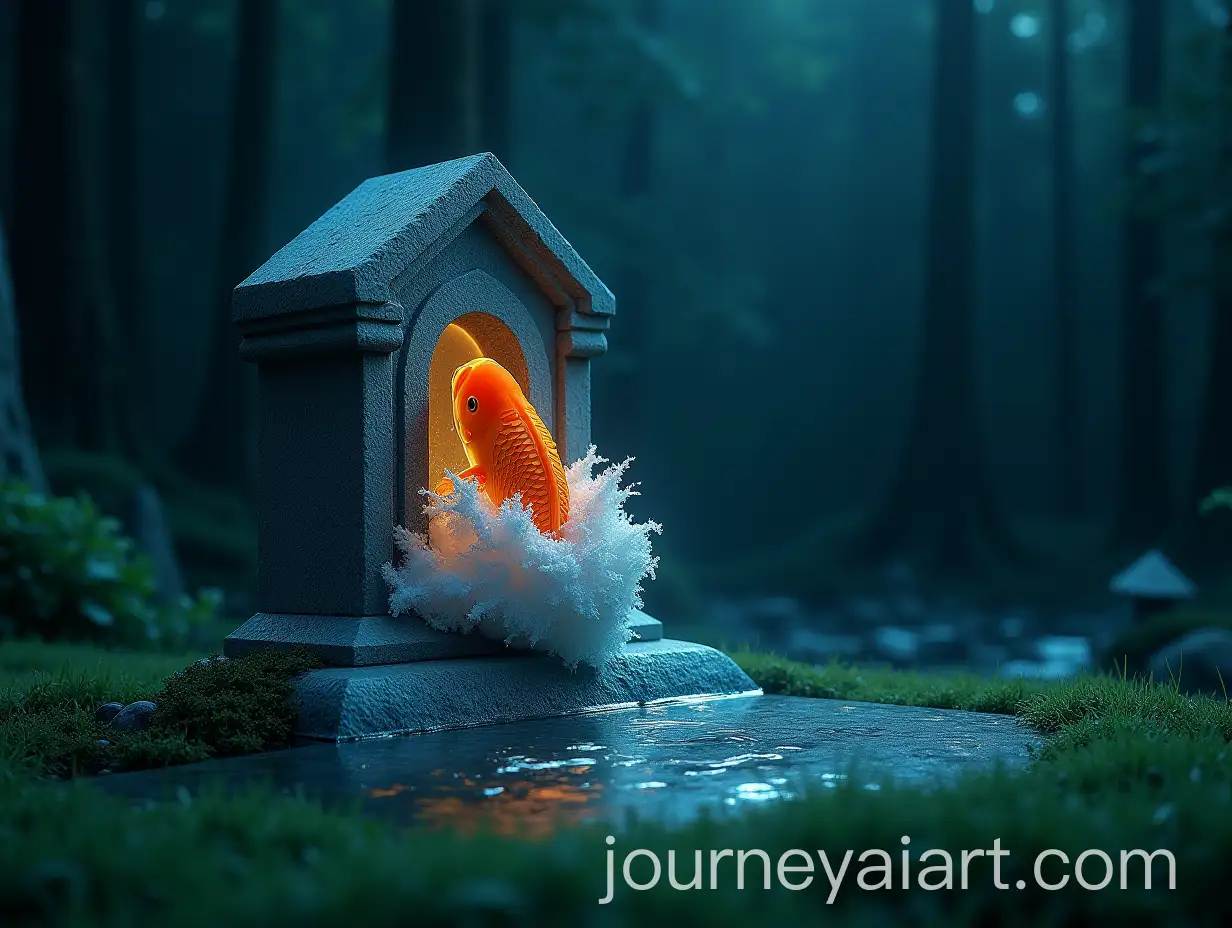 Surrealist-Stone-Tomb-with-Golden-Carp-Emerging-from-a-Wave-on-Grass-at-Night