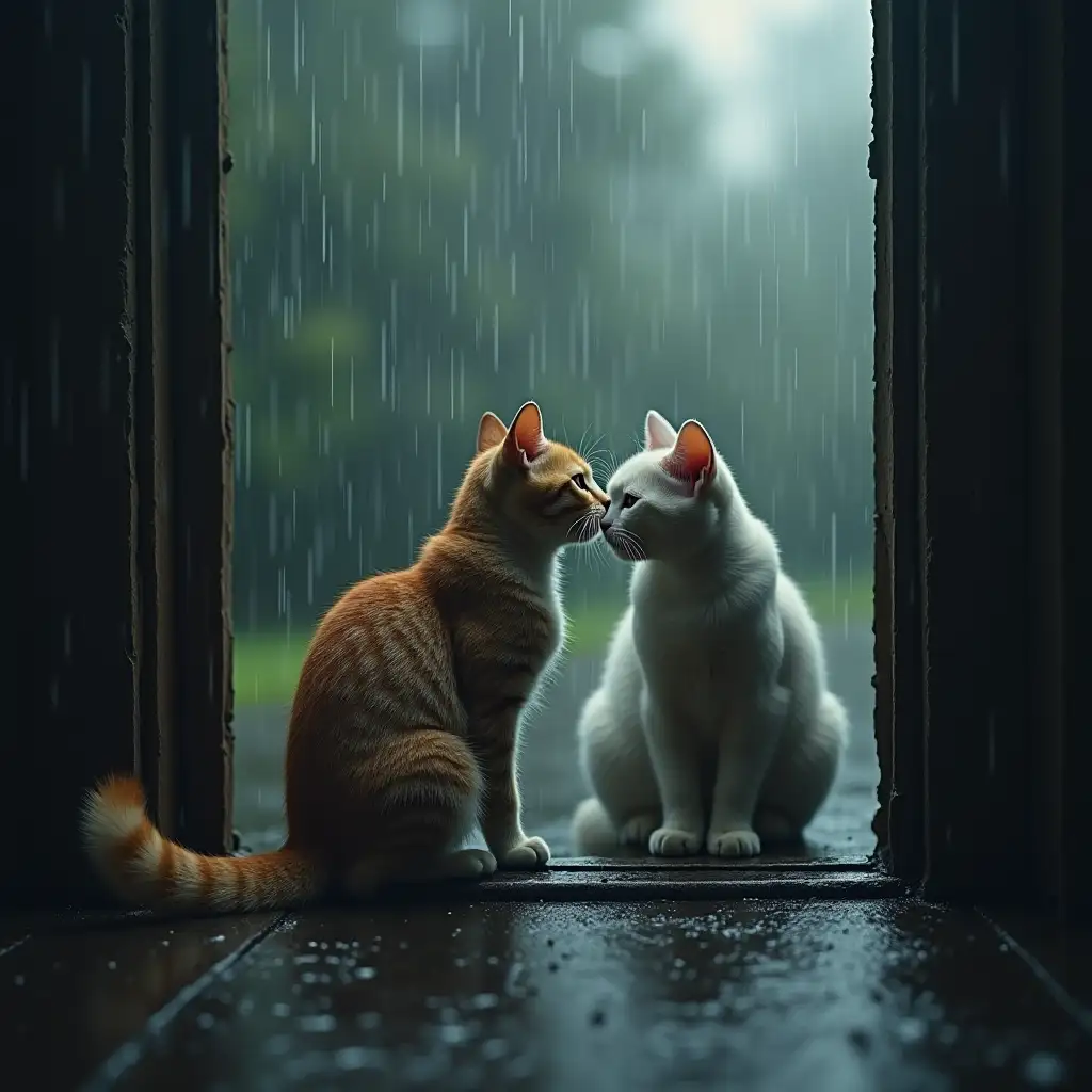 Two Cats Sheltering from the Rain