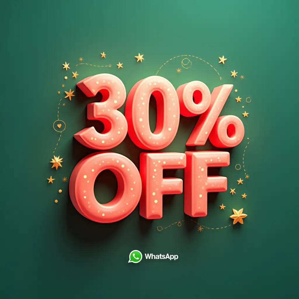 Create a clean yet visually dynamic promotional graphic featuring the main text '30% OFF' in a bold, glowing 3D style with a polished and professional effect. Use a vibrant coral red (#ED6363) combined with WhatsApp green (#25D366) for a striking color palette. Enhance the design with soft gradients and subtle shadows for depth. Surround the '30% OFF' text with delicate sparkles, abstract patterns, and ornate flourishes to add elegance. Incorporate a WhatsApp icon seamlessly blended into the layout, with subtle accents like glowing lines or gradient rings to draw attention to the offer. Add soft decorative patterns like swirls or floral motifs in the background, keeping the overall look minimal yet sophisticated. Ensure the '30% OFF' remains the dominant focal point, with all additional elements enhancing its impact without cluttering the design.