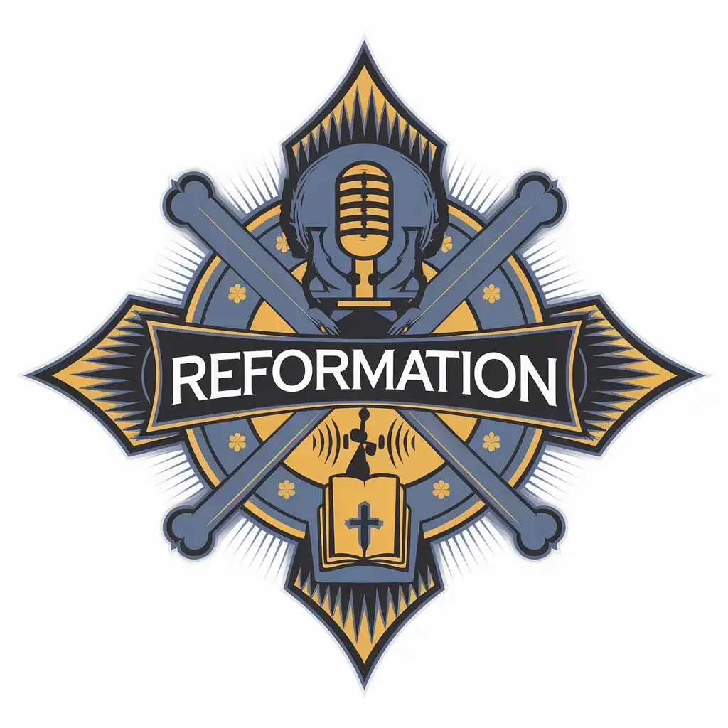 LOGO Design for Reformation Microphone Book Cross and Sound Wave with Blue Yellow and Black Colors for Religious Organizations